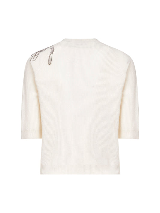 White cashmere Shiny Flower Embroidery sweater