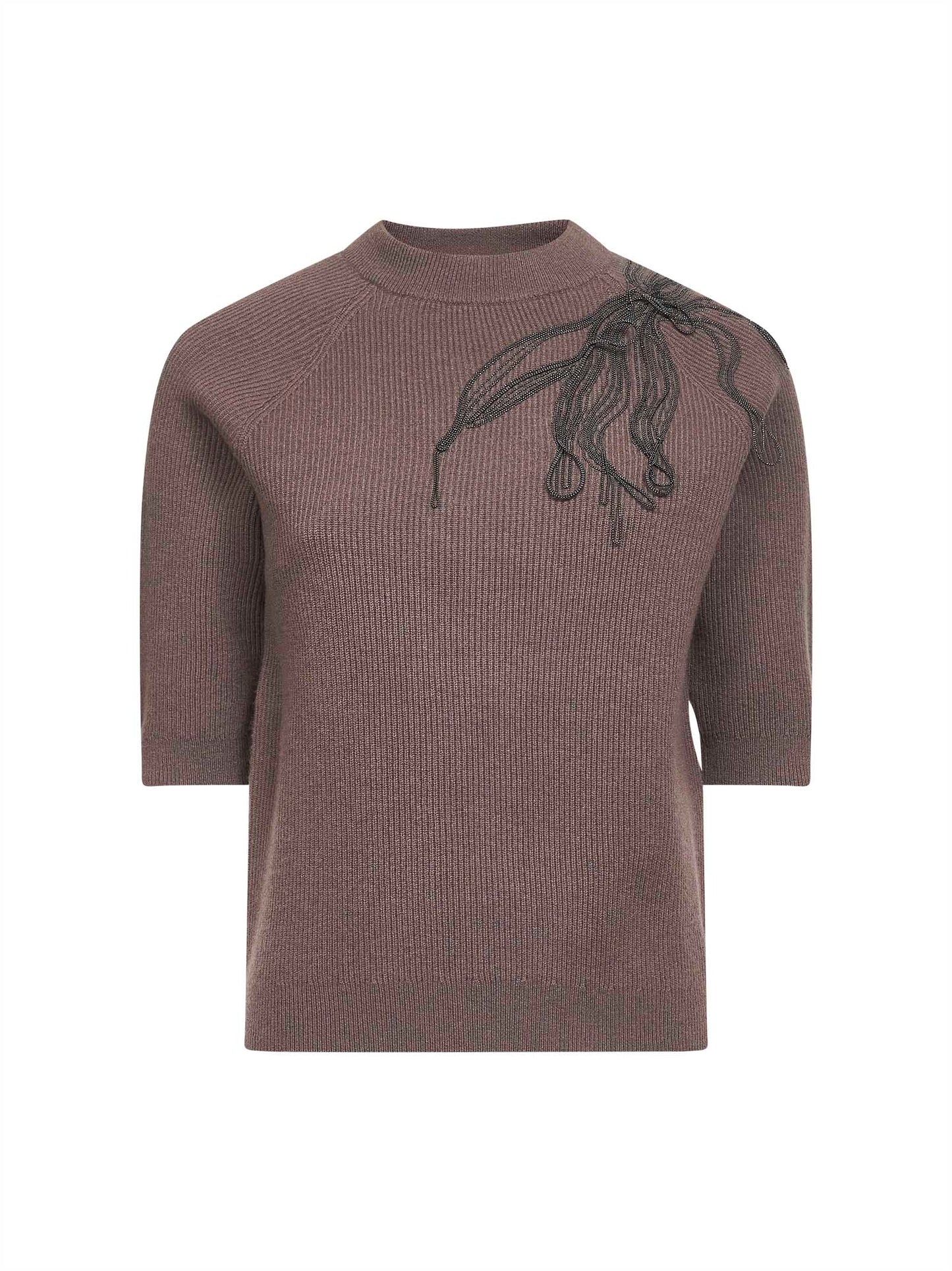 Brown cashmere Shiny Flower Embroidery sweater
