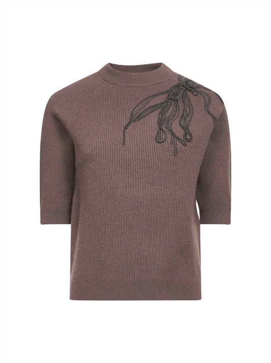 Brown cashmere Shiny Flower Embroidery sweater