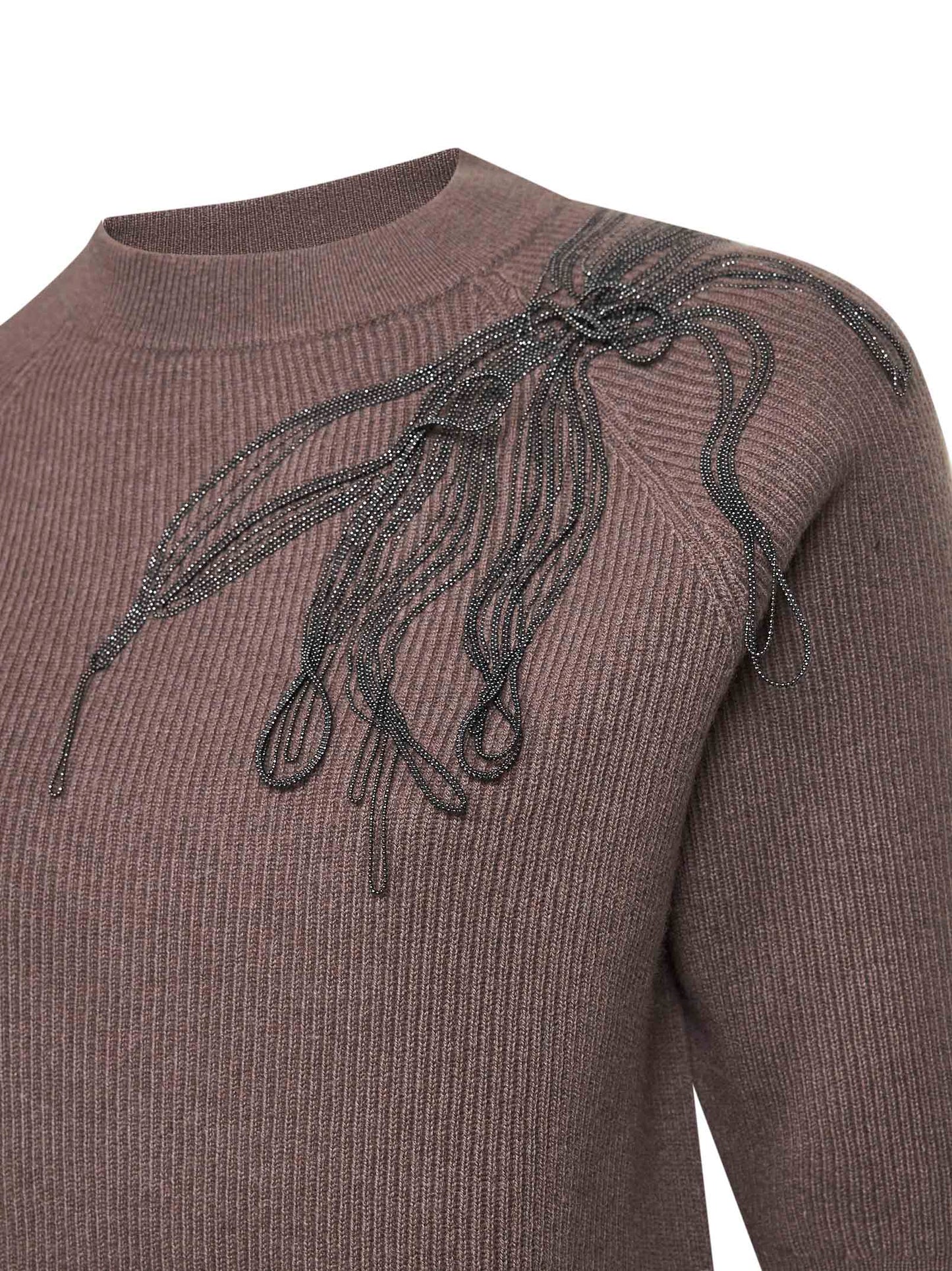Brown cashmere Shiny Flower Embroidery sweater