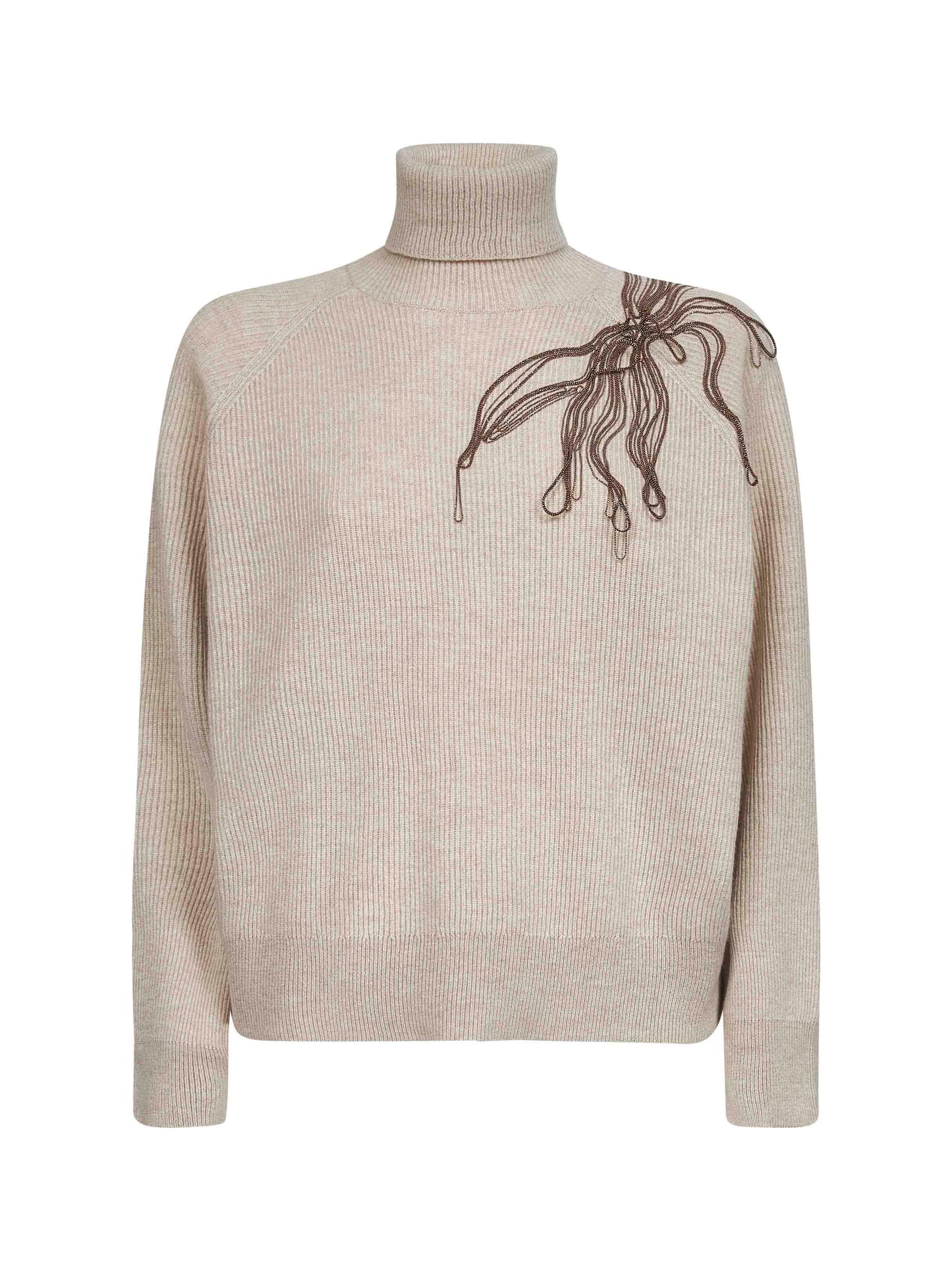 Maglia dolcevita in cashmere beige con ricamo