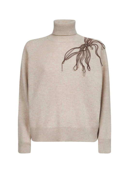 Maglia dolcevita in cashmere beige con ricamo