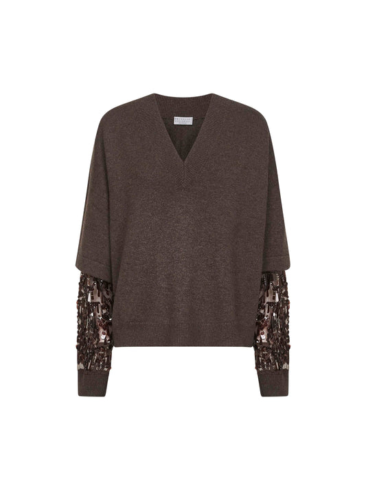 Brown cashmere embroidered sweater<BR/>