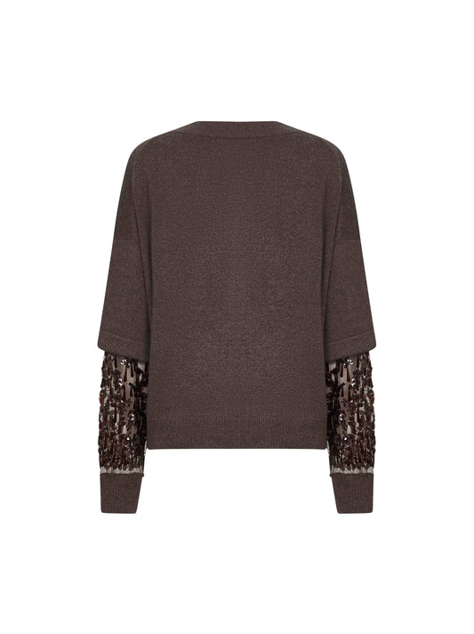 Brown cashmere embroidered sweater<BR/>