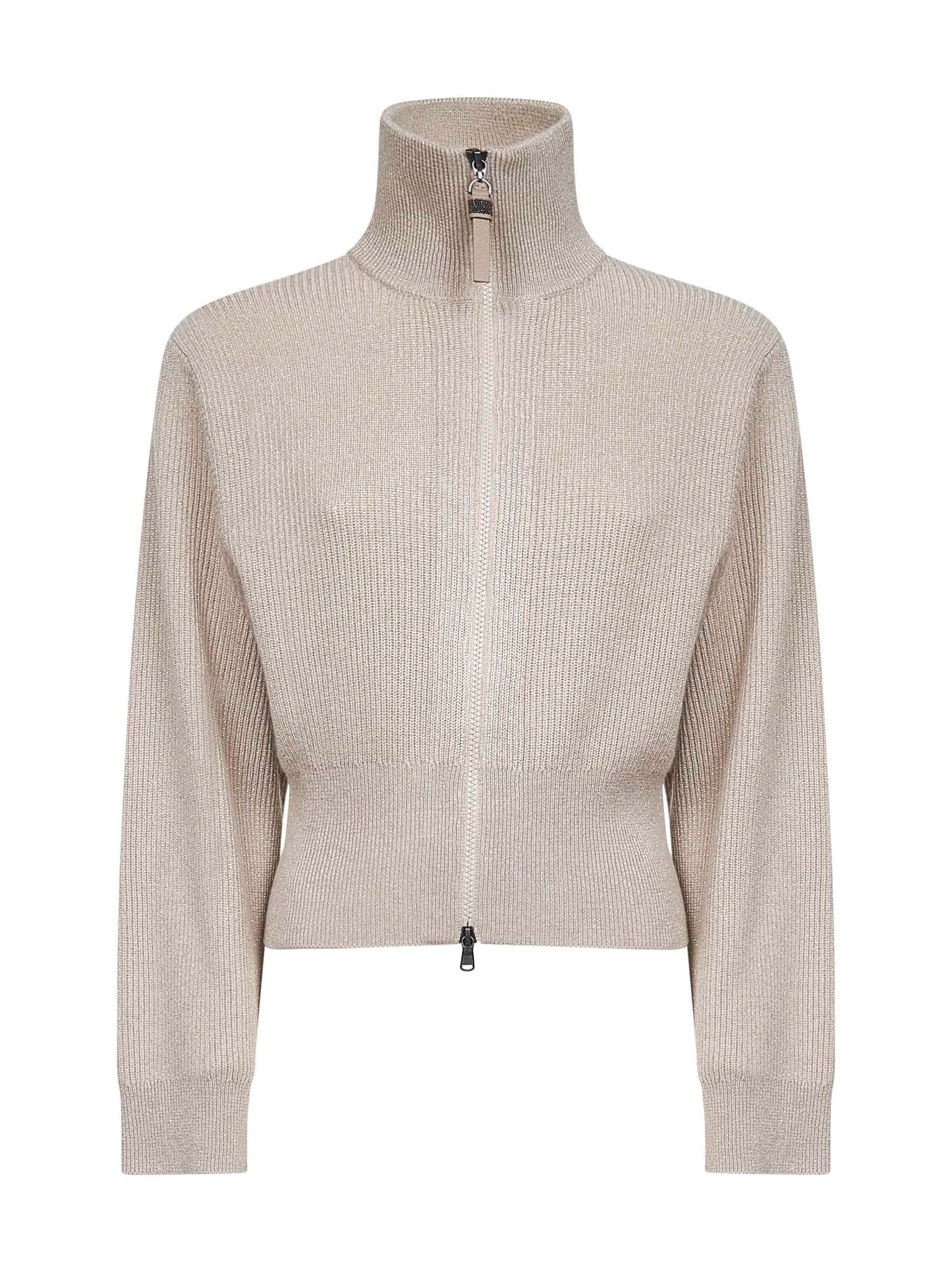 Beige Sparkling knit zip-up cardigan