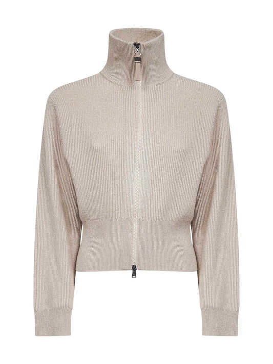 Beige Sparkling knit zip-up cardigan