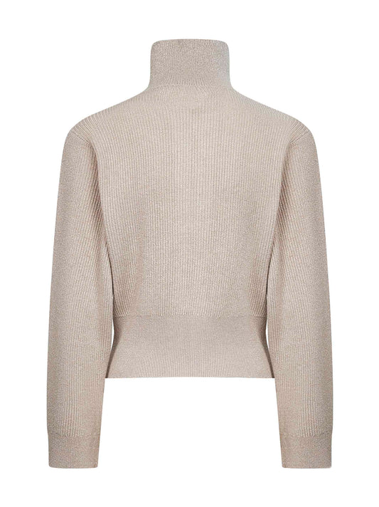 Beige Sparkling knit zip-up cardigan