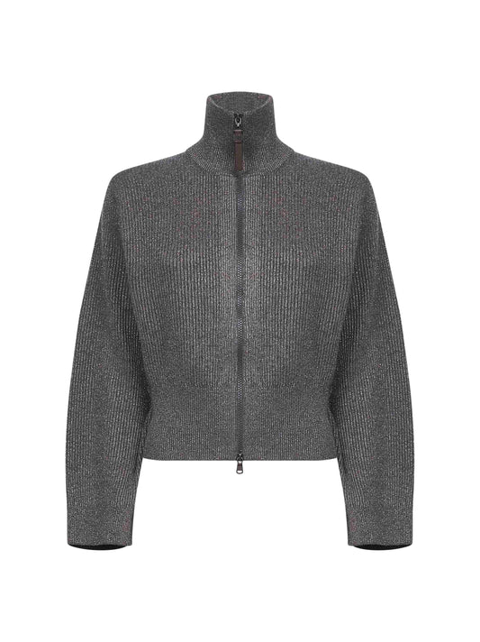 Grey Sparkling knit zip-up cardigan