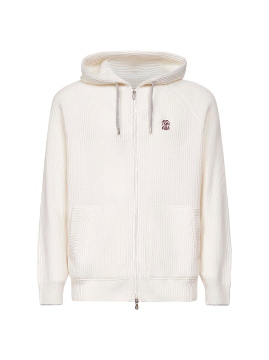 Ivory cashmere knit zip-up hoodie