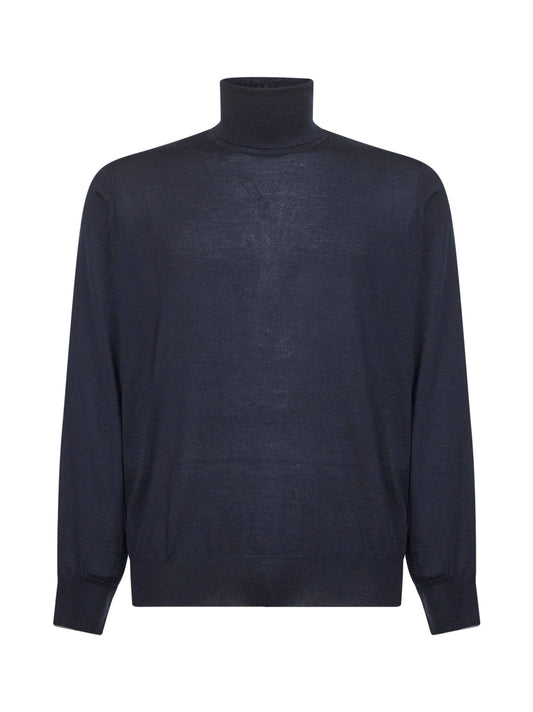 Blue cashmere and silk knit lightweight turtleneck sweater