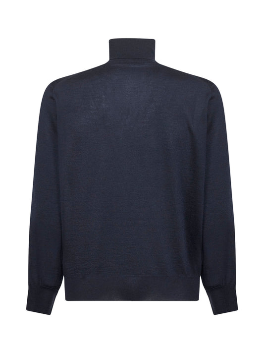 Blue cashmere and silk knit lightweight turtleneck sweater