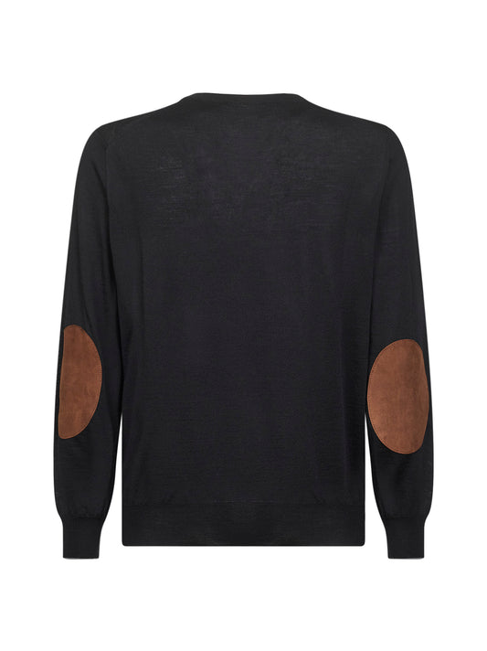 Black wool and cashmere patches crewneck sweater