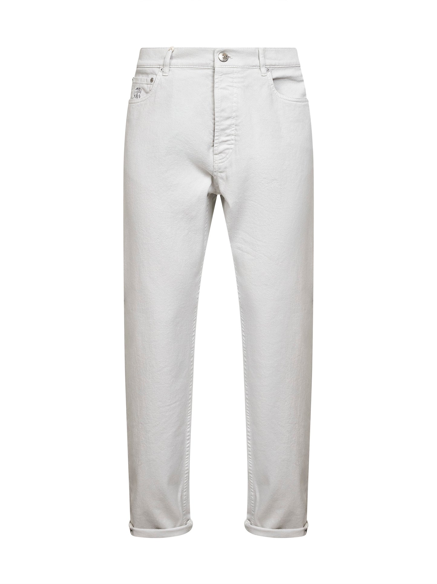 Grey garment-dyed comfort denim iconic fit trousers