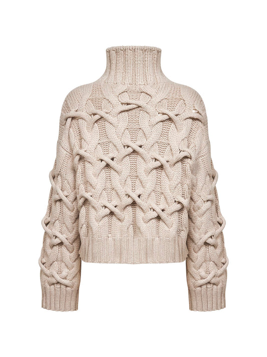 Beige cashmere Feather Crisscross Cable sweater