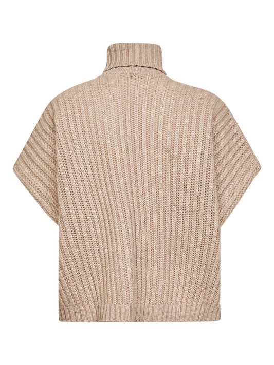 Beige openwork rib cashmere Feather turtleneck sweater