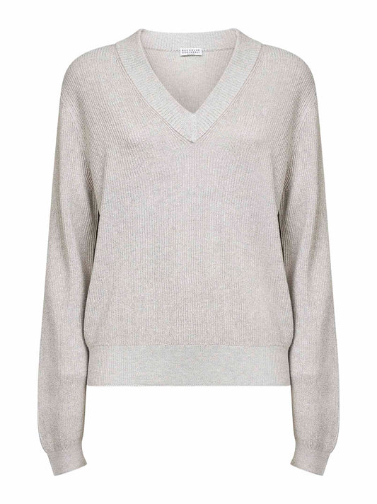 Grey Sparkling cotton blend knit V-neck sweater