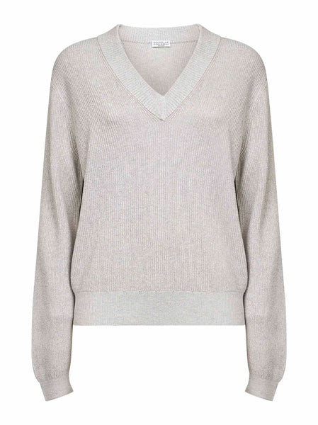 Grey Sparkling cotton blend knit V-neck sweater – Daniello.com
