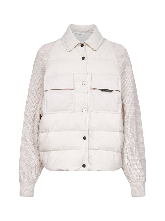 Ivory canvas and knit Shiny Flap Detail down jacket