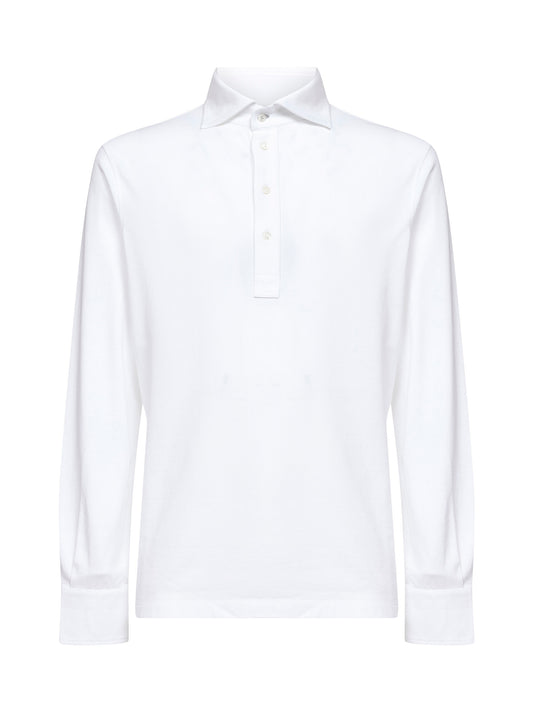 White cotton piquet long-sleeved polo shirt