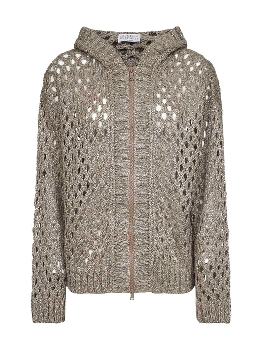 Cardigan con zip e cappuccio Dazzling Net fango