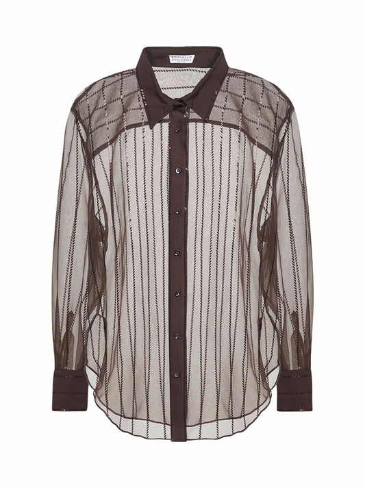 Brown Dazzling Chalk Stripe Embroidery shirt
