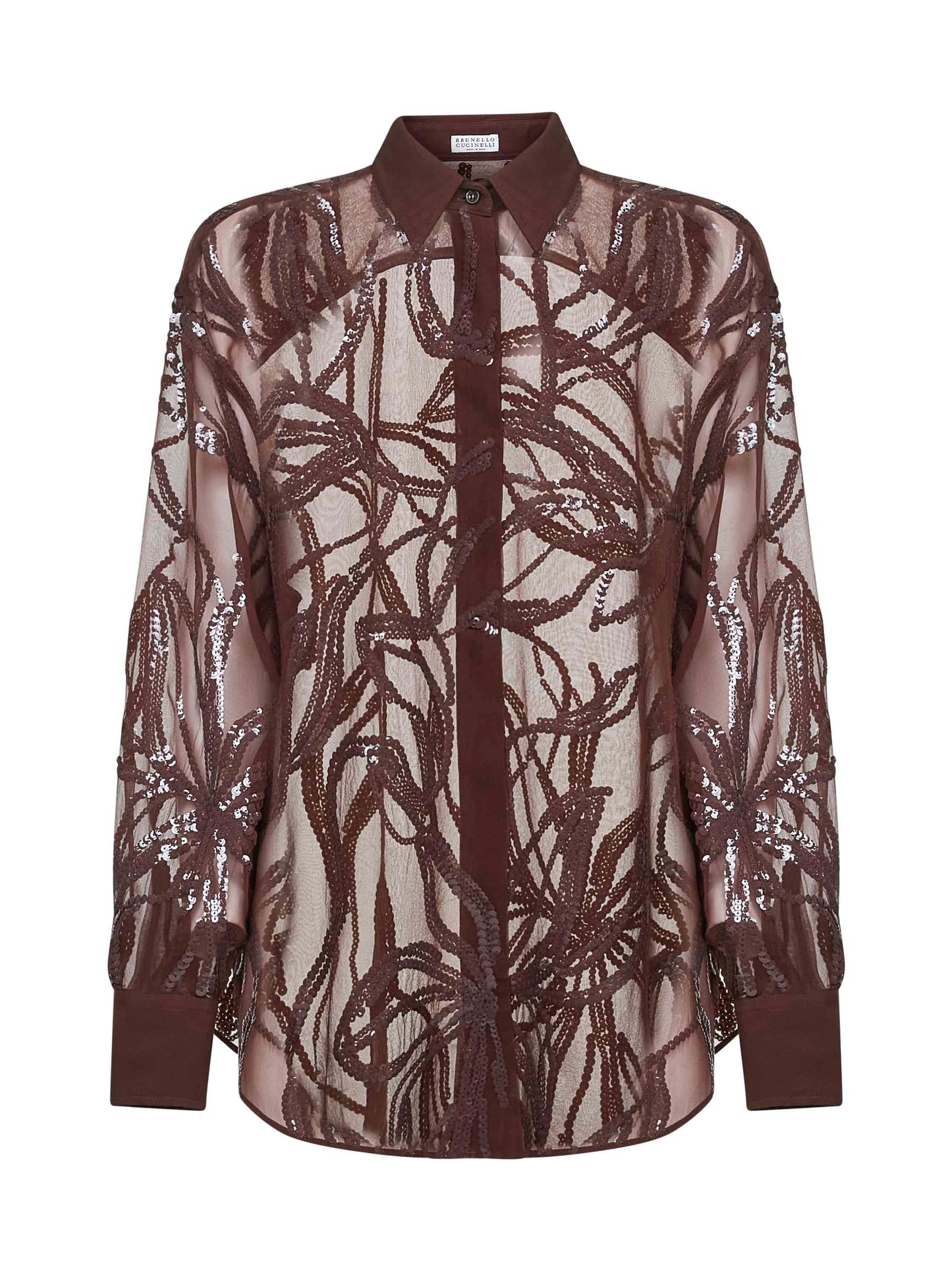 Burgundy Crispy silk Dazzling Floral Embroidery shirt
