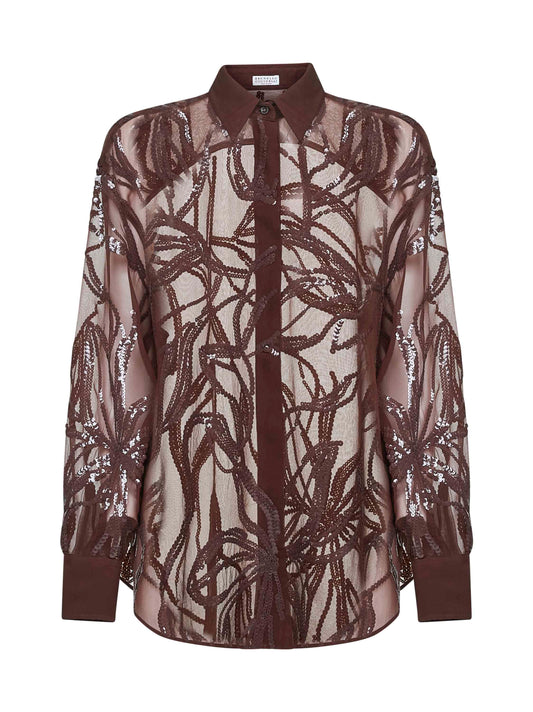 Burgundy Crispy silk Dazzling Floral Embroidery shirt