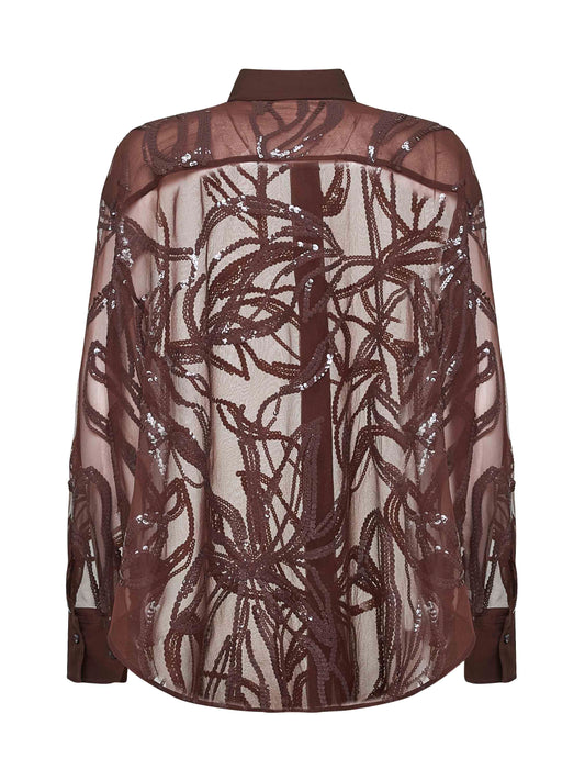 Burgundy Crispy silk Dazzling Floral Embroidery shirt