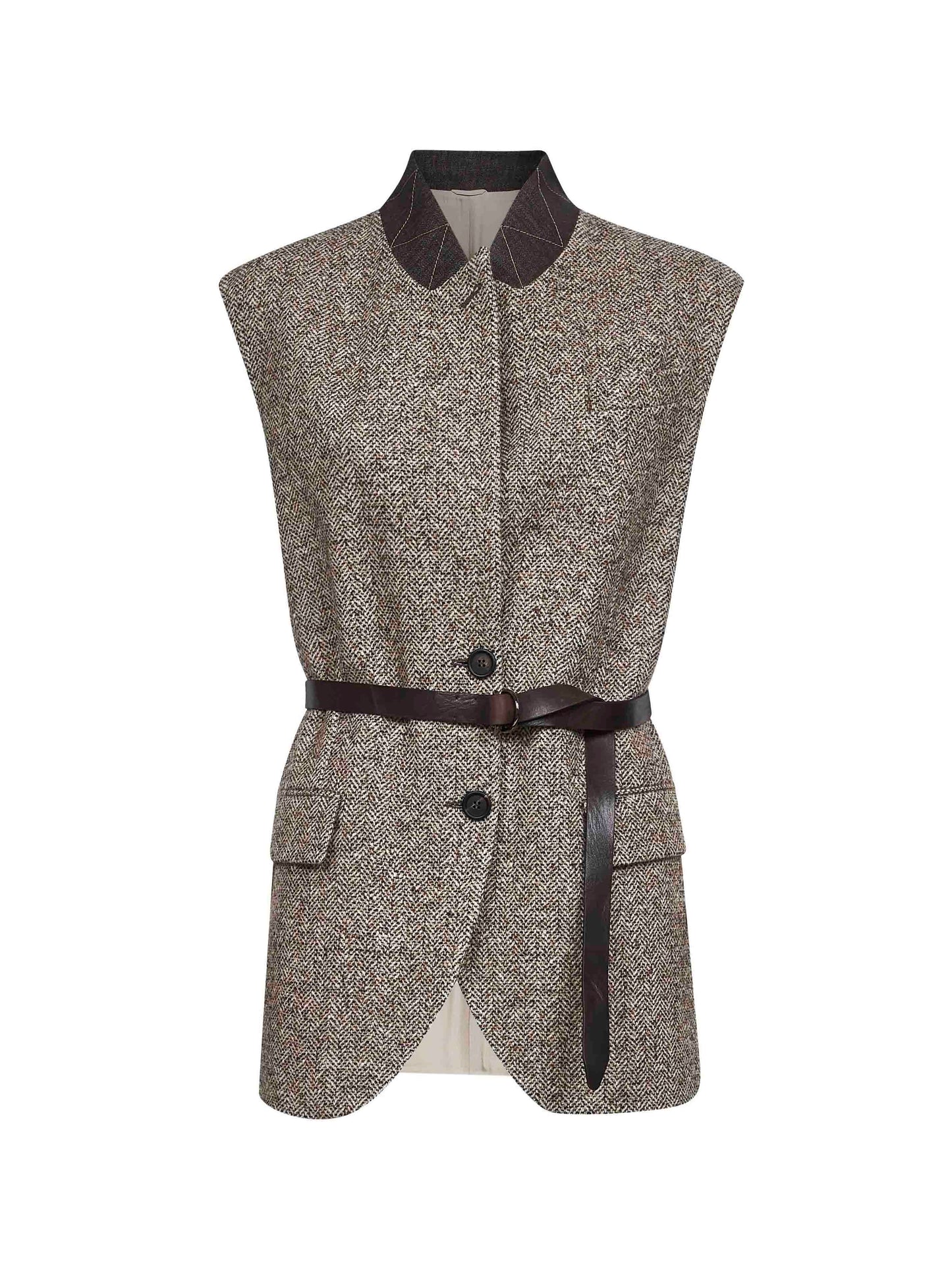 Beige wool and silk chevron waistcoat