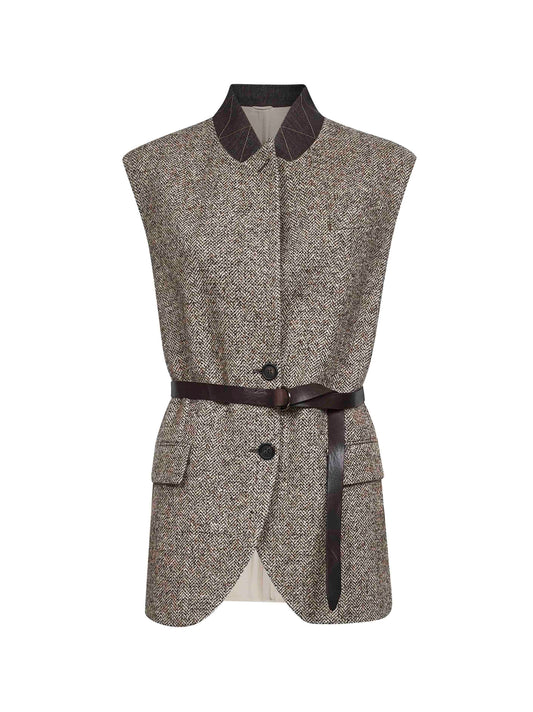 Beige wool and silk chevron waistcoat