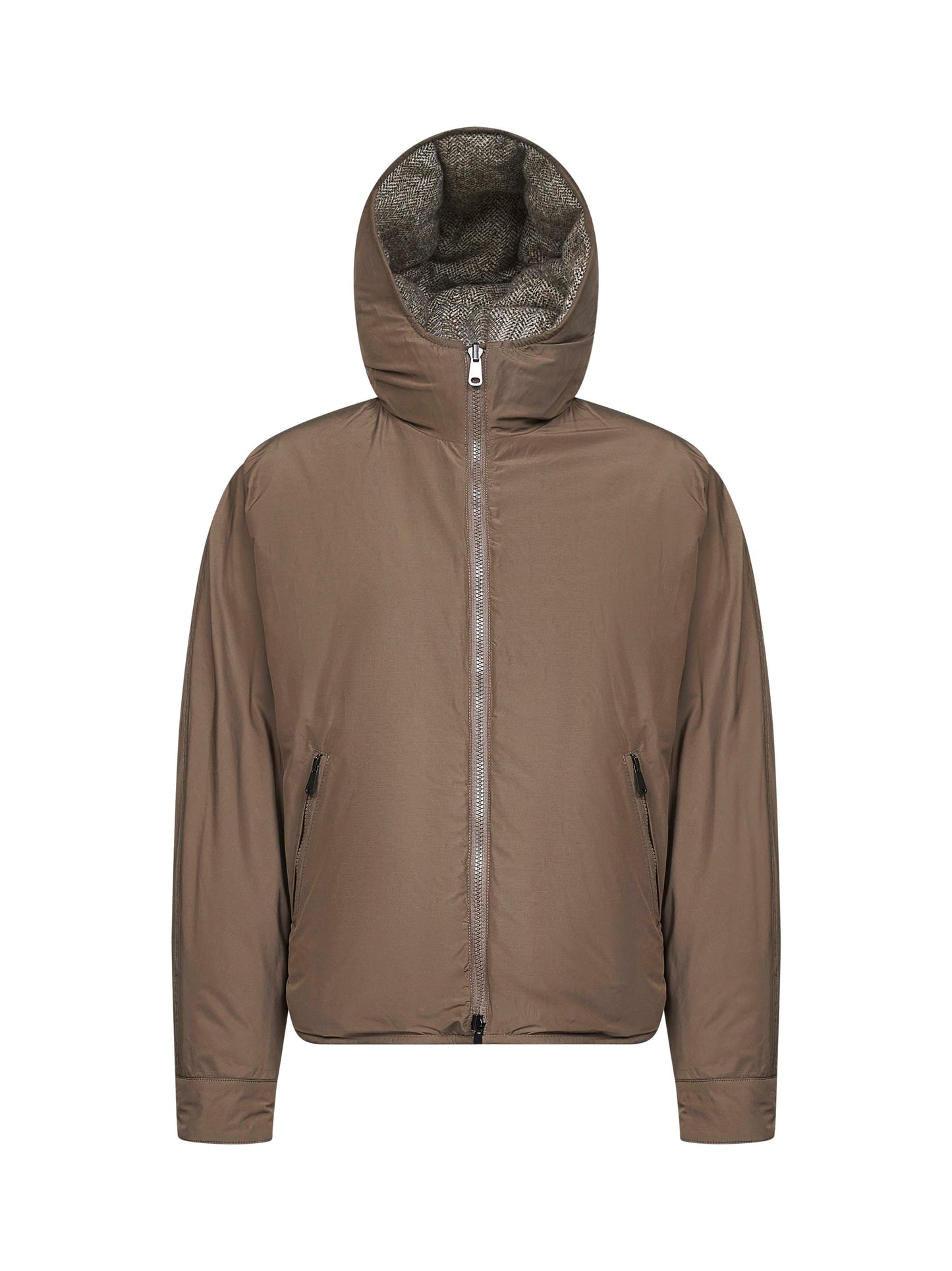 Beige reversible hooded down jacket