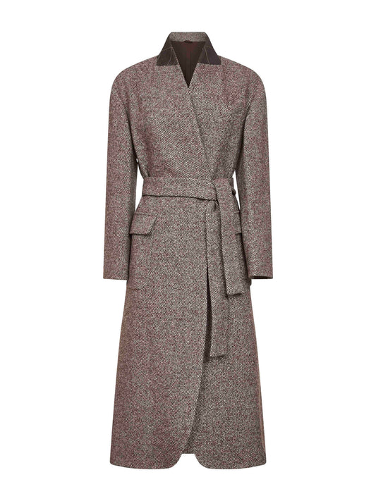 Brown diagonal melange coat with monili