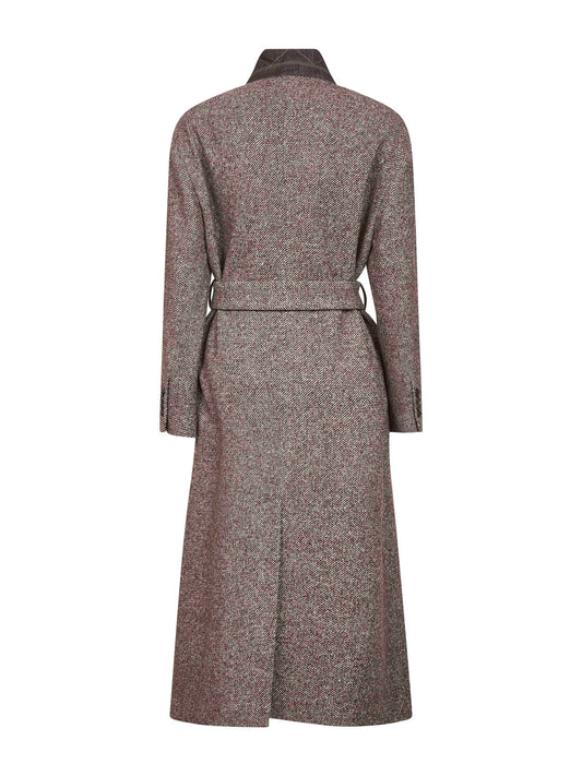 Brown diagonal melange coat with monili