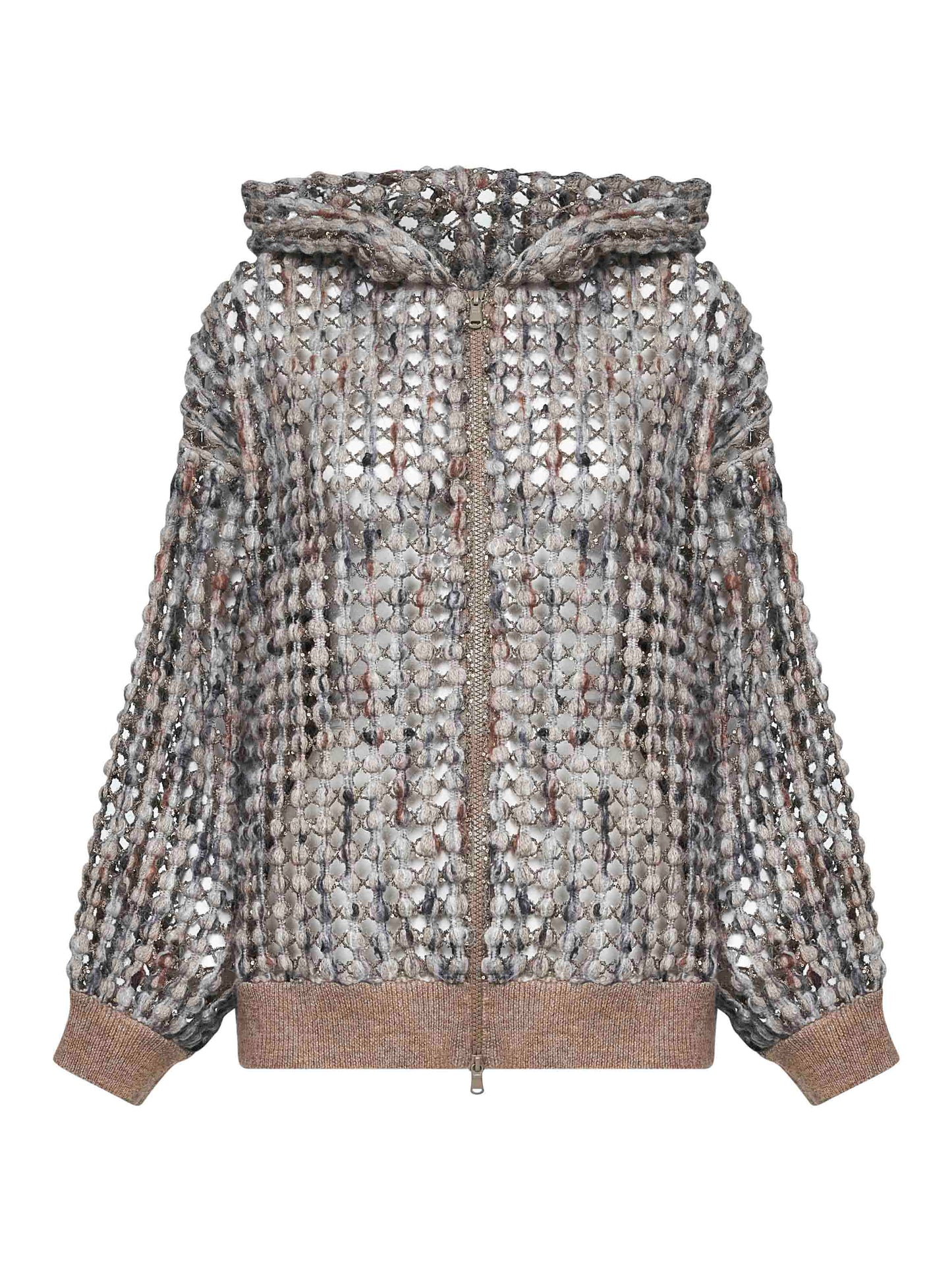 Balloon Net Embroidery zip-up hooded cardigan