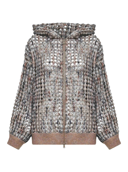 Balloon Net Embroidery zip-up hooded cardigan