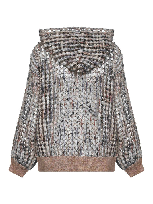 Balloon Net Embroidery zip-up hooded cardigan