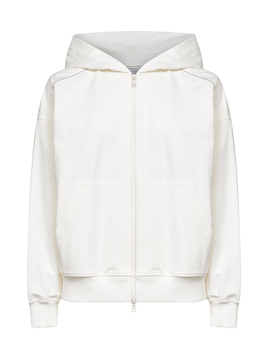 Felpa con zip e cappuccio bianca con Shiny Trims