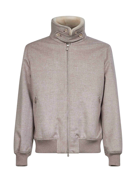 Beige bonded cashmere beaver bomber jacket
