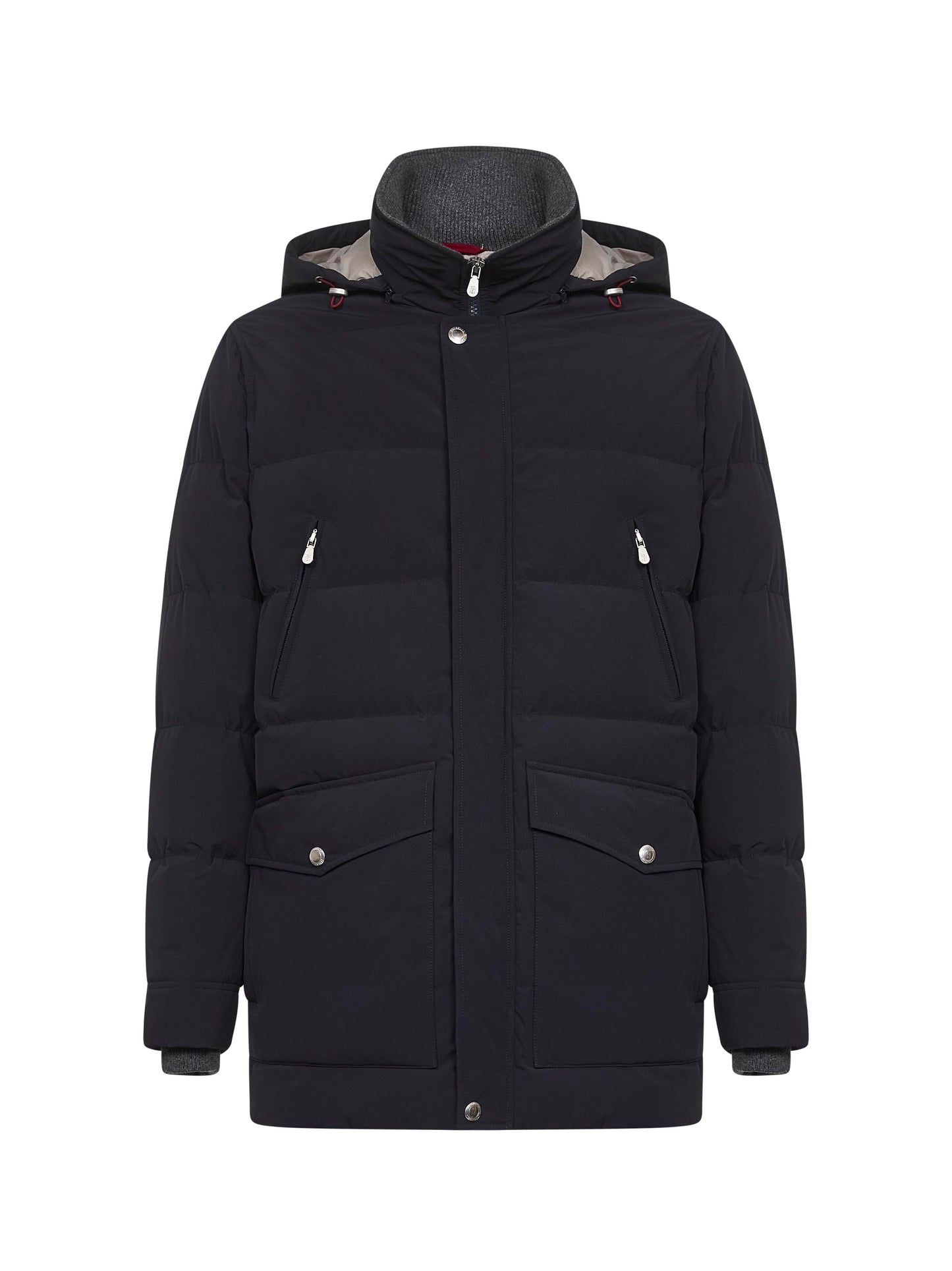 Blue nylon hooded down jacket