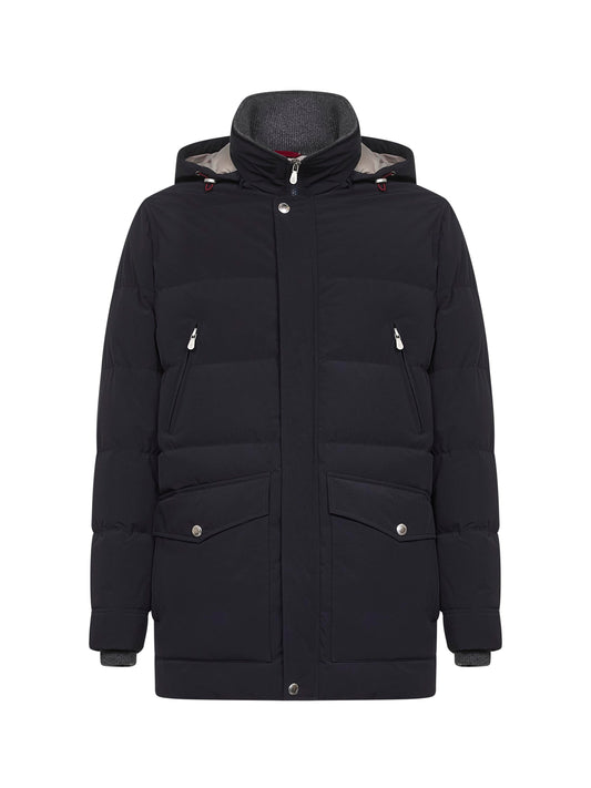 Blue nylon hooded down jacket