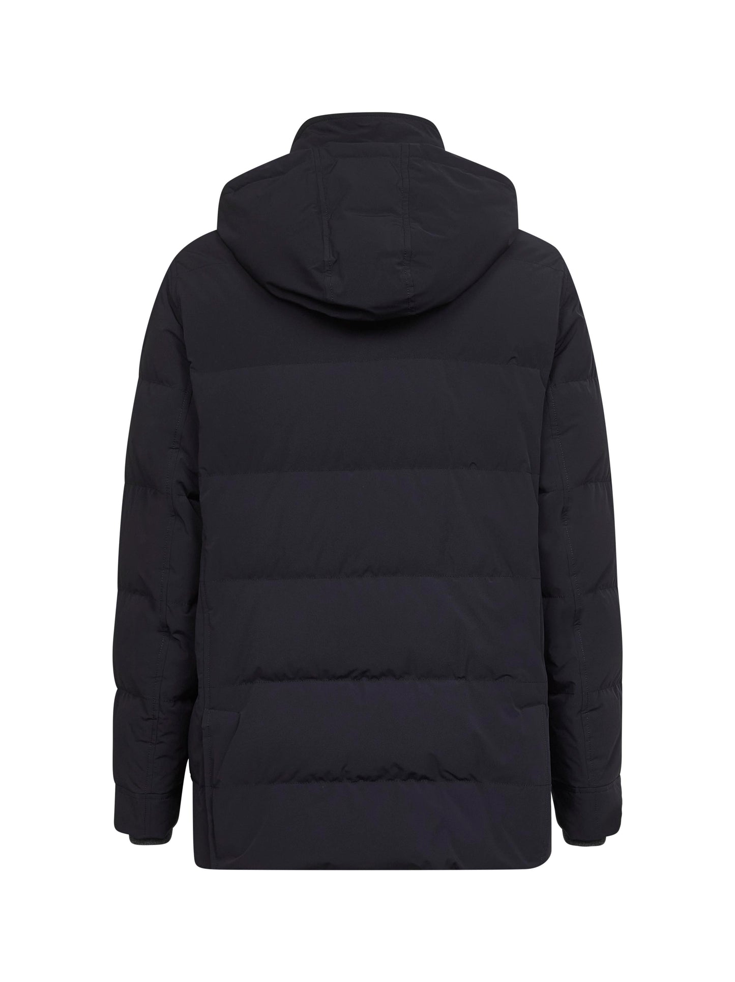 Blue nylon hooded down jacket