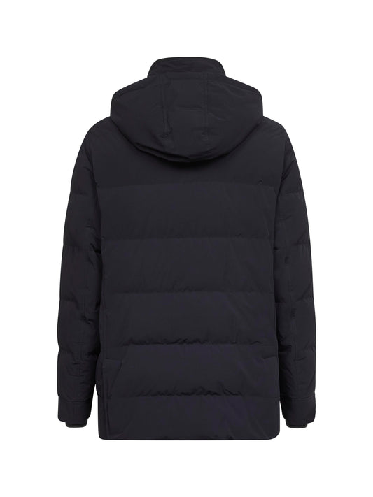 Blue nylon hooded down jacket