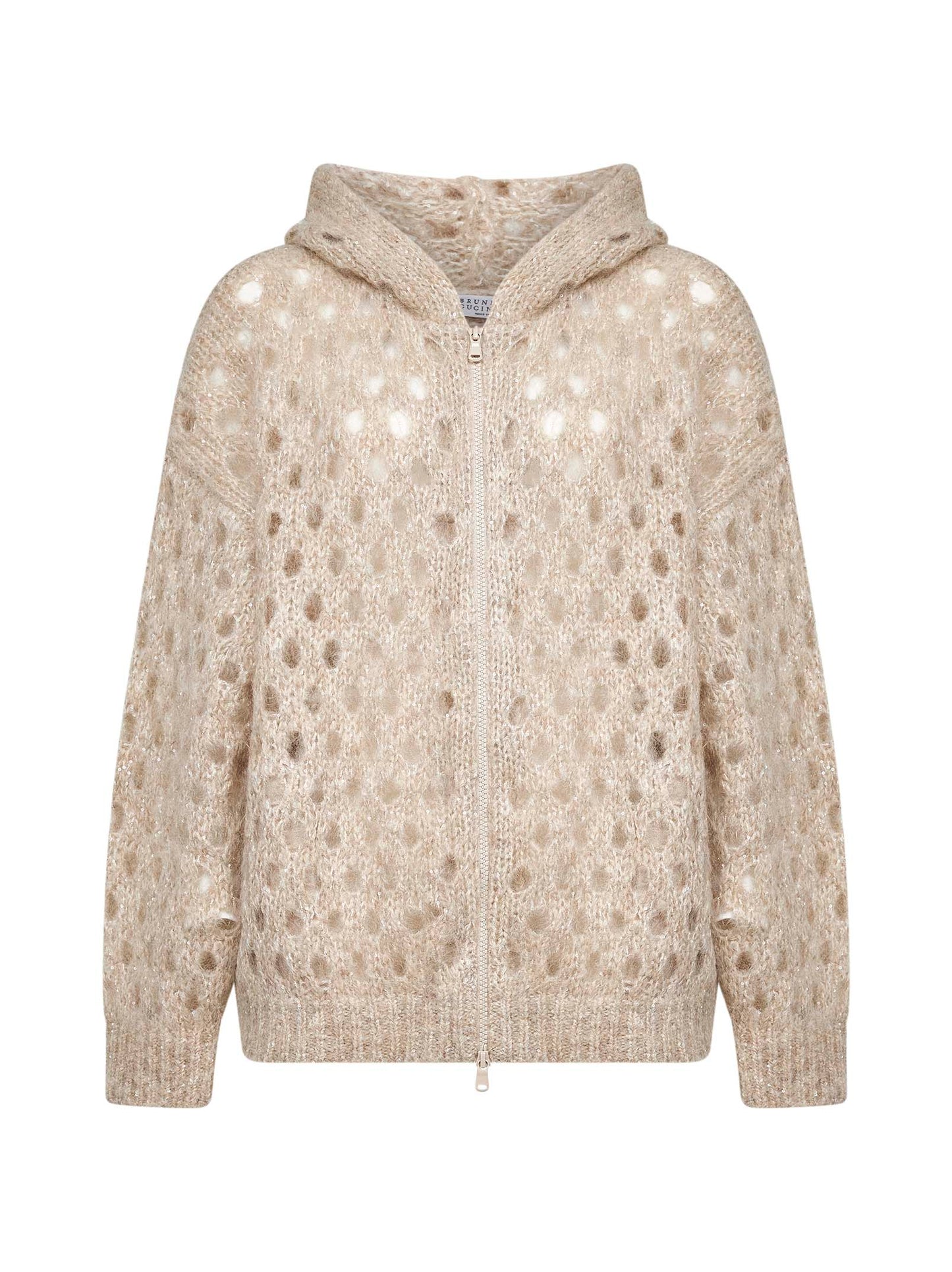 Beige mohair and Wispy wool Dazzling Net zip-up hooded cardigan