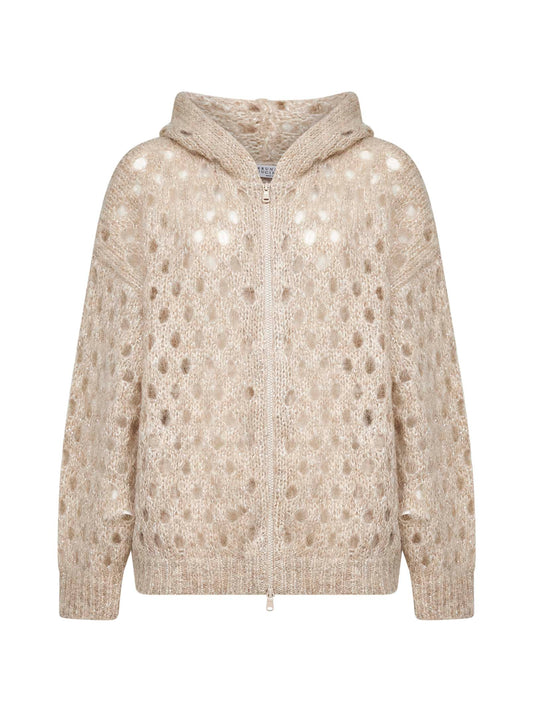Beige mohair and Wispy wool Dazzling Net zip-up hooded cardigan