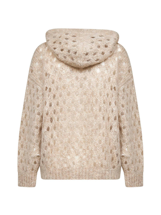Beige mohair and Wispy wool Dazzling Net zip-up hooded cardigan