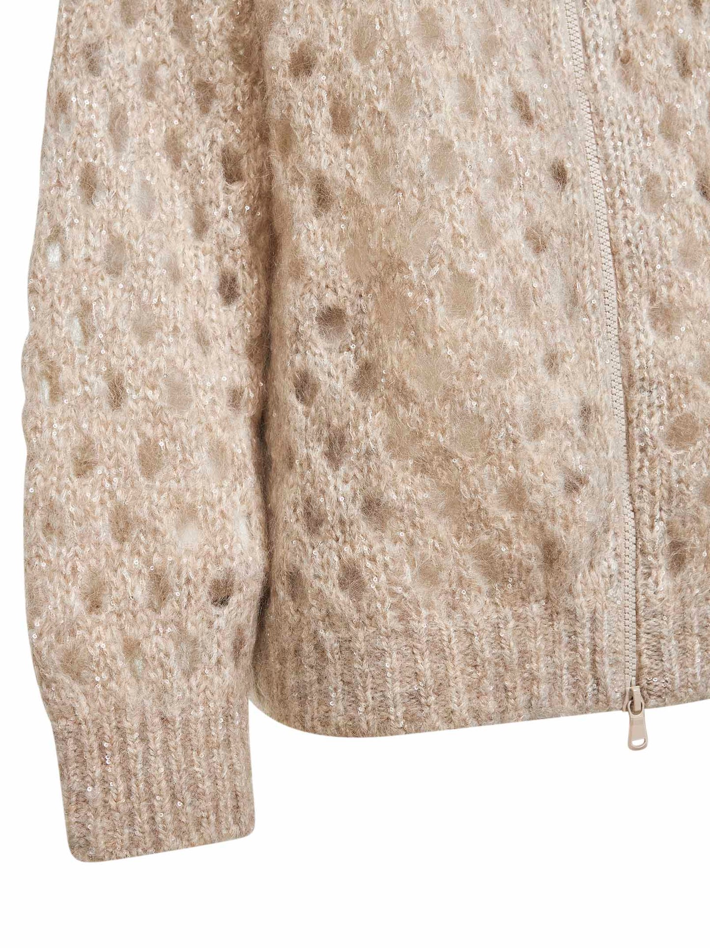 Beige mohair and Wispy wool Dazzling Net zip-up hooded cardigan