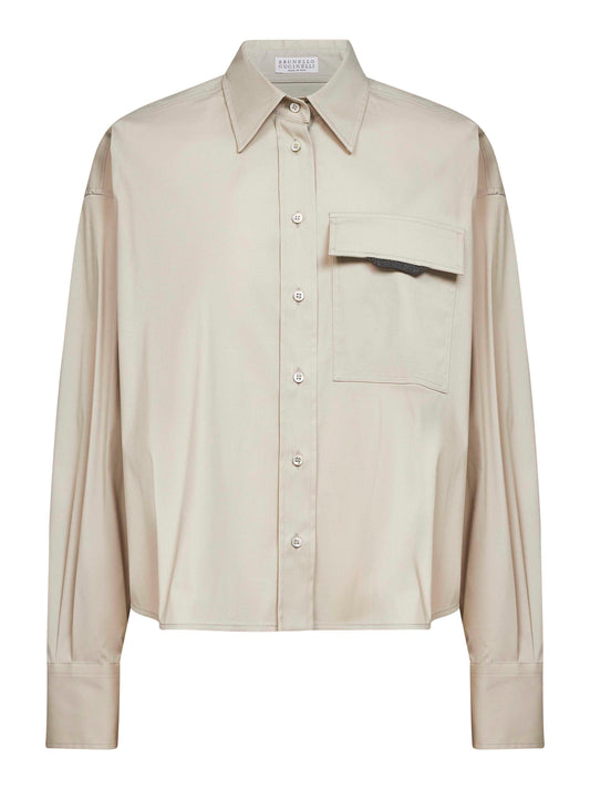 Camicia Crop fango con Shiny Flap Detail
