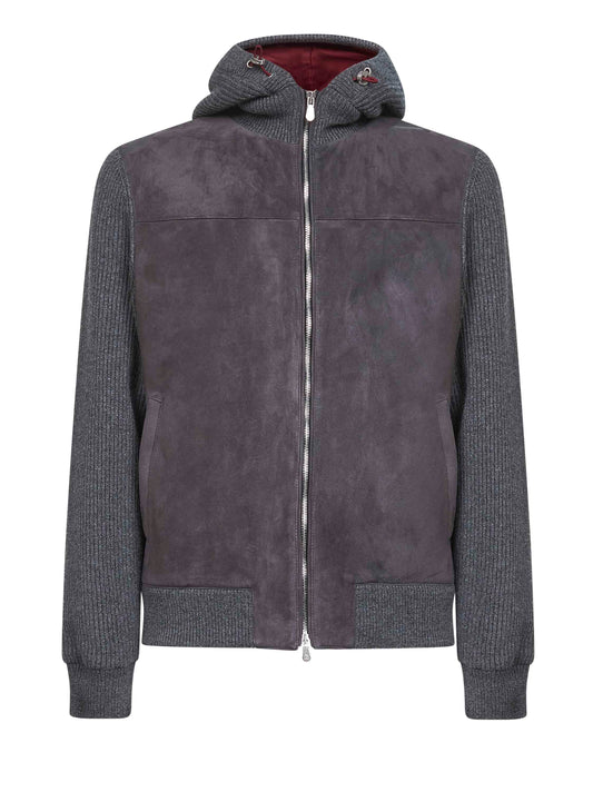 Grey suede and knit hooded jacket