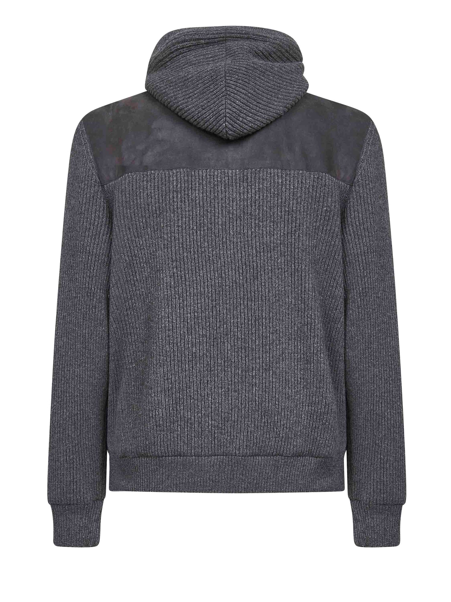 Giubbino con cappuccio in camoscio e maglia grigio