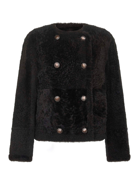 Brown shearling Fuzzy reversible cropped pea coat